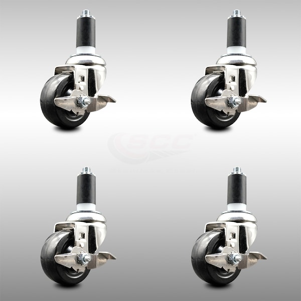 Service Caster 3 Inch 316SS Soft Rubber Swivel 1-1/4 Inch Expanding Stem Caster Set Brake SCC SCC-SS316EX20S314-SRS-TLB-114-4 - main
